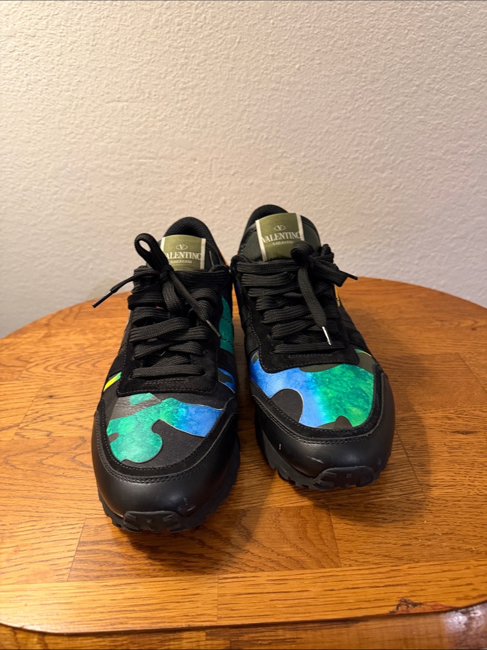 Valentino Black Sneakers with Green and Blue Camouflage Details